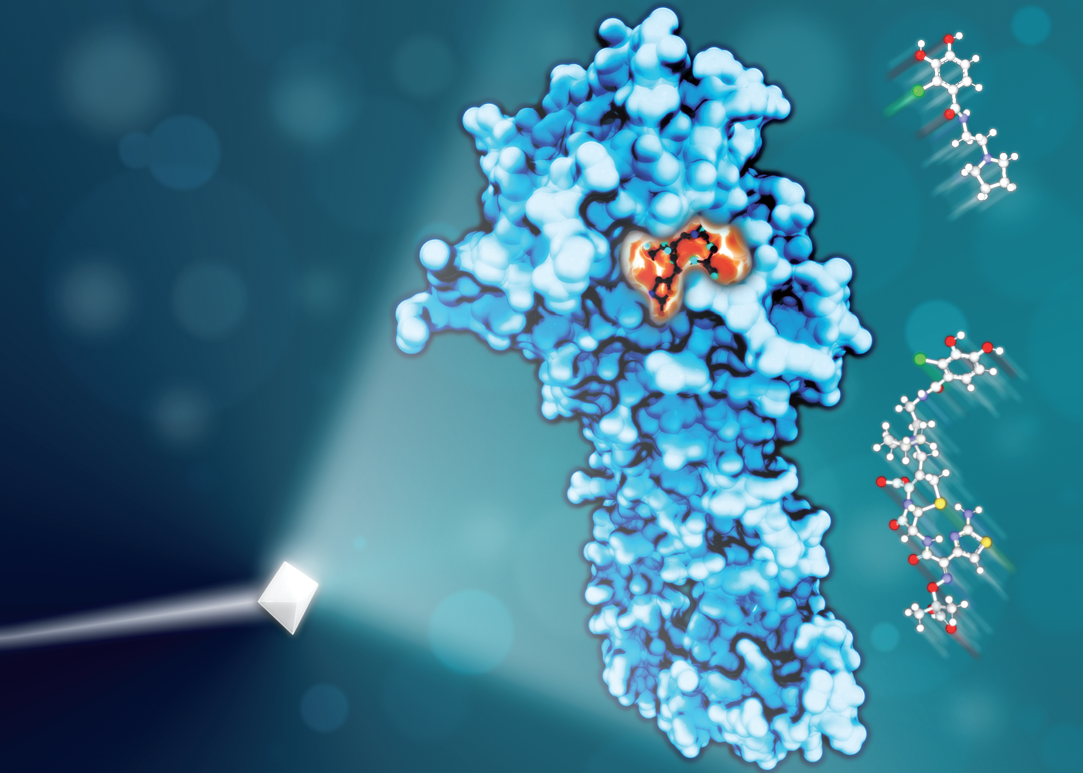 An artificial image of an enzyme, which is made up strangely folded proteins that create a unique pattern with a glowing centre representing the 'active site' of the enzyme